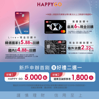 滙豐銀行xHAPPYGO12月通路限定｜新戶首刷享好禮二選一