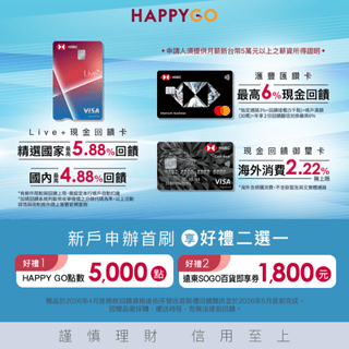 滙豐銀行xHAPPYGO1月通路限定｜新戶首刷享好禮二選一