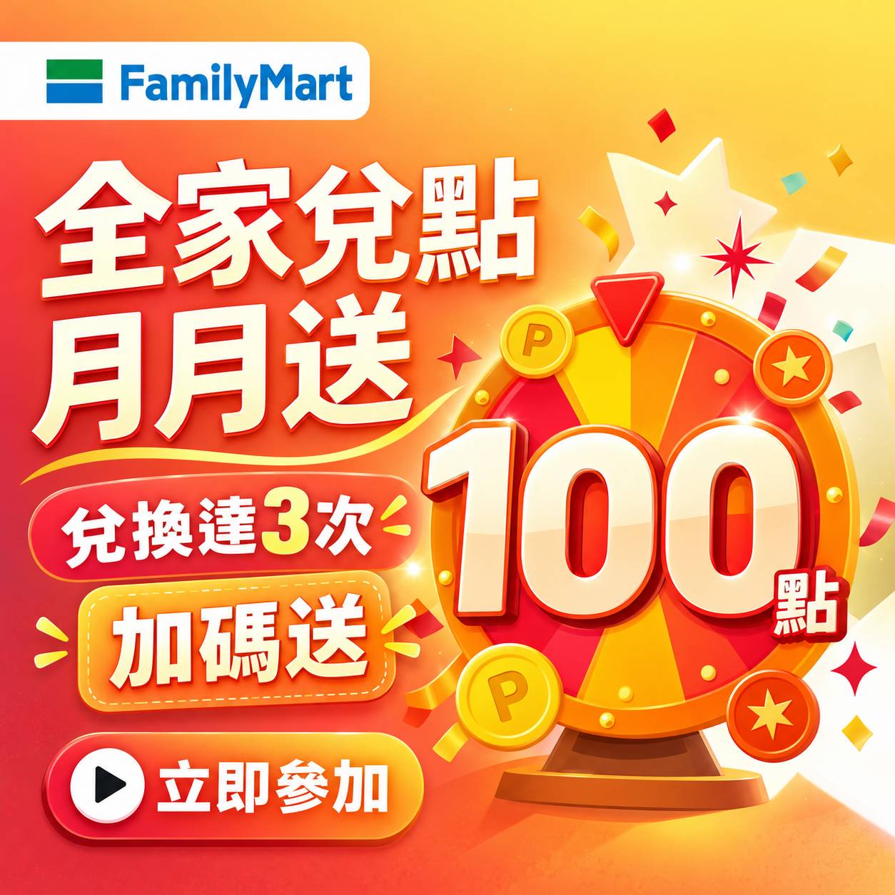 全家兌點天天送！每月兌點累積達200點  贈45點